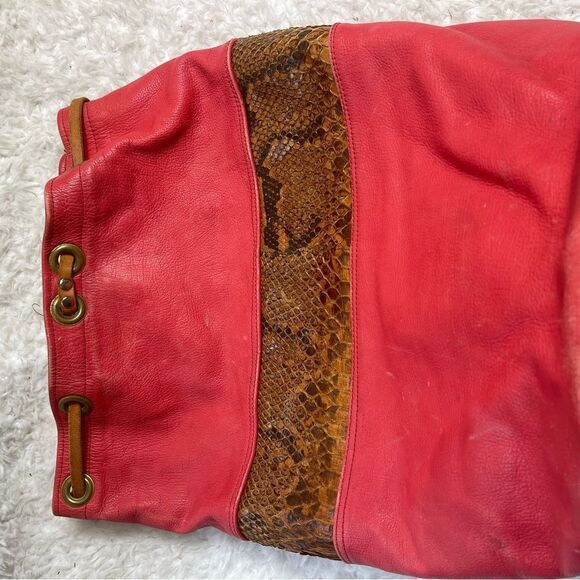 Leather orange and Brown snake skin print  Xlarge bucket bag sling back tan trap main image 4